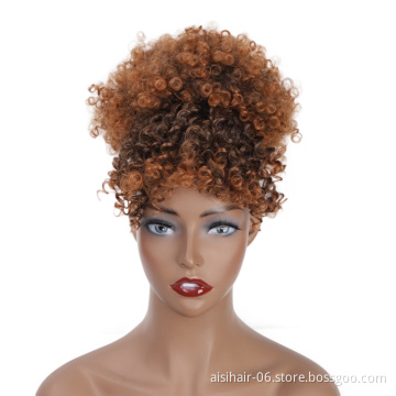 Aisi Hair Best Selling High Temperature Fiber Chignon With Bangs Kinky Curly Bun Hairpieces Short Afro Puff Updo Hair Extensions